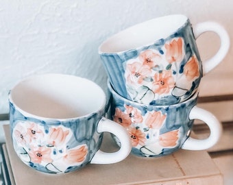 Gibson Blue Floral Ceramic Coffee Mugs, Set of 3, Vintage Coffee Cups, Gift for Friend, Gift for Sister, Coffee Lover