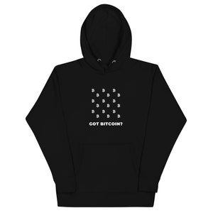 May include: Black hoodie with a white graphic of a grid of Bitcoin symbols and the text "GOT BITCOIN?"