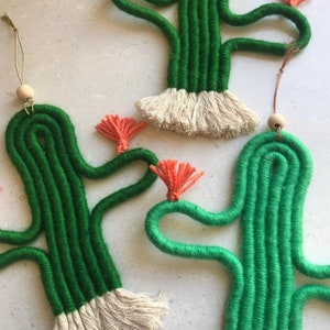 Könnte beinhalten: Drei grüne Garn-Kaktus-Wandbehänge mit weißen Fransen und orangefarbenen Garnblumen.
