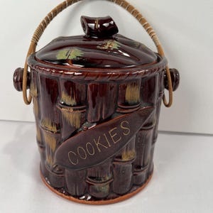 Vintage Bamboo Cookie Jar with Ratan Handle