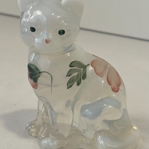 Fenton Signed Opalescent Cat Figurine with Pink Flowers