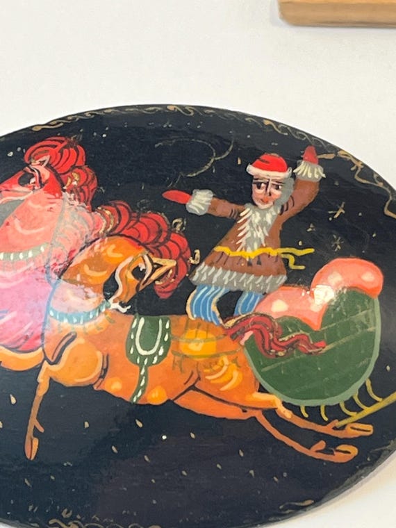 Vintage Russian Lacquered Brooch Pin with Troika and Father Frost
