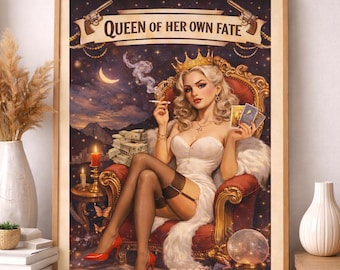 運命の女王 プリント可能なウォールアート | ヴィンテージピンナップポスター | フェミニンパワーアート | 大胆なレトロな女神装飾 | デジタルダウンロード