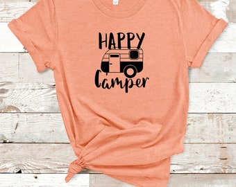 Camiseta Happy Camper – Camiseta gráfica de camping para mujer