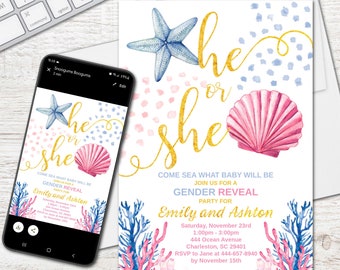 HE OR SHE Custom Baby Gender Reveal Invitation, Digital File, Ocean Theme, Pink and Blue