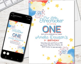 Our Little Firecracker Birthday Invitation- Patriotic, Watercolor, Digital