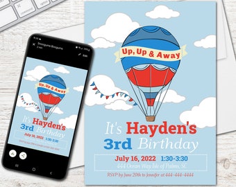 Up, Up and Away Birthday Invitation- Red White and Blue, Hot Air Balloon, Digital