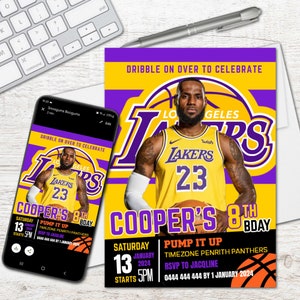 May include: A purple and yellow birthday invitation with a basketball theme. The invitation features a photo of basketball player LeBron James wearing a Los Angeles Lakers jersey. The text on the invitation reads "Dribble on over to celebrate Cooper's 8th Birthday. Saturday, 13 January 2024, Starts 5PM. Pump it Up Timezone Penrith Panthers. RSVP to Jacqueline 0444 444 444 by 1 January 2024."