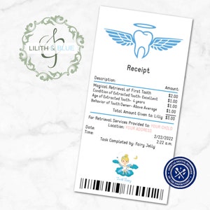 TOOTH FAIRY-Recibo detallado del Hada de los Dientes- Carta de Tooth Fairy, Digital