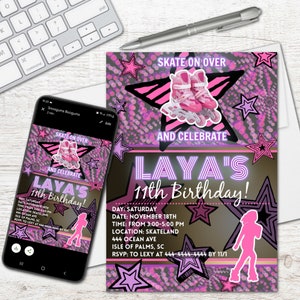May include: A pink and purple birthday invitation with a star design and a girl on roller skates. The invitation says "Skate on Over and Celebrate Laya's 11th Birthday!" and includes details about the party, including the date, time, location, and RSVP information.