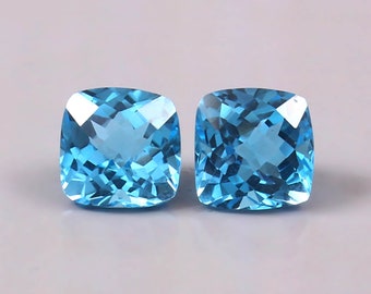 9 MM Cushion Shape Swiss Blue Topaz Gemstone | Natural Faceted Cut Swiss Blue Topaz | Checkboard Cut Gemstone Pair | December Birthstone |