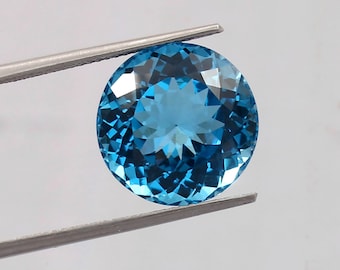 Beautiful AAA Quality Swiss Blue Topaz Gemstone | 14 MM Round Shape Natural Blue Topaz Loose Gemstone | Loupe Clean Faceted Cut Blue Topaz |