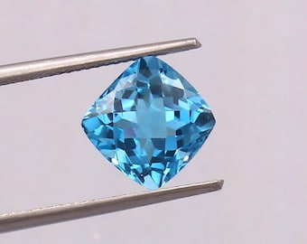 Cushion Shape AAA Quality Loose Gemstone | 9 MM Natural Swiss Blue Topaz Gemstone | Checkboard Cut Gemstone | December Month Birthstone |