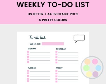 Weekly To-Do List, Printable, Note Taking, Productivity List, Digital Download, US Letter, A4, PDF