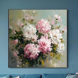 óleo abstracto floral flores rosas mural lienzo arte moderno inspiración natural decoración salón tonos suaves original cuadro dormitorio