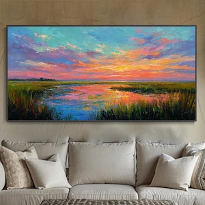 Vibrant Inspiration: Sunset Canvas Oil Painting, River Reflections, Field and Grassland Textures Mural, Living Room Mural, Natural Landscape