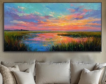 Vibrant Inspiration: Sunset Canvas Oil Painting, River Reflections, Field and Grassland Textures Mural, Living Room Mural, Natural Landscape