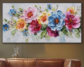 3D Struktur Malmesser Öl auf Leinwand bunte Blumen frische Farben Natur Inspiration Wohnzimmer Deko groß Wandbild modern abstrakt Garten
