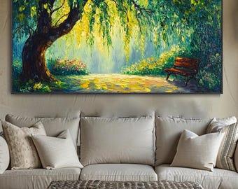 3D Tranquil Garden Textured Wall Art Serene Willow Tree Oil Painting On Canvas Vibrant Landscape Oil Painting Living Room Wall Art