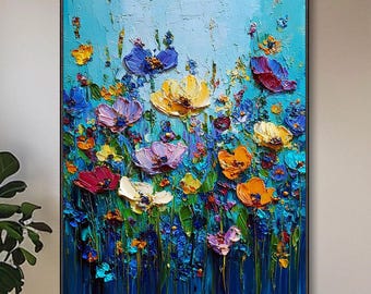 Peinture murale abstraite originale aux couleurs bleues naturelles et florales, art mural en relief 3D, art mural floral relief pour salon