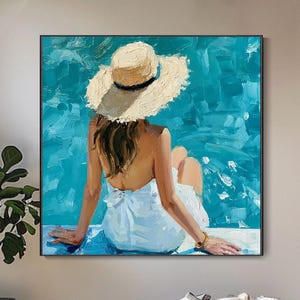 Summer Lady in a Straw Hat Oil Painting, 3DTextured Turquoise Poolside Lady Portrait Canvas Wall Art, Coastal-Style Casual Figure Wall Decor