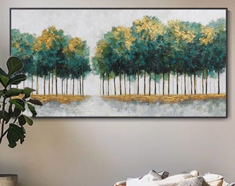 Green and Gold Tree Murals on Canvas | Relief Forest Wall Decor | Nature-Inspired Textured Art | Modern Natural Decor | Living Room Art