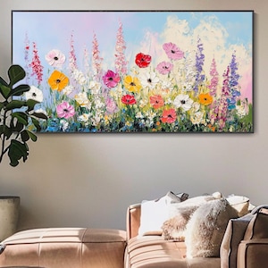 Original Floral Oil Painting Wildflower Meadow Canvas Art Textured Wall Art Colorful Field Flowers Decor Vibrant Blooming Garden Wall Art