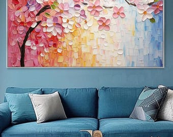 Pink White Plant Tree 3D Texture Mural Colorful Abstract Flower Painting Impressionism Modern Vibrant Flower Art Nature Living Room Decor