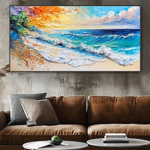 Bule Ocean Wave Painting 3D Textured Sunset Wall Art Large Coastal Modern Seascape Art Unique Vibrant Contemporary Living Room Wall Art