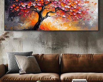 Large 3D Textured Tree Wall Art Vibrant Blossom Tower Tree Oil Painting on Canvas Modern Abstract Flower Painting Unique Living Room Decor