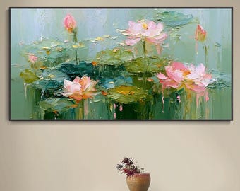 Abstracte waterlelie olieverfschilderij dikke textuur bloemen meerlandschap natuurlijke vijver impressionistisch muurschilderij slaapkamer