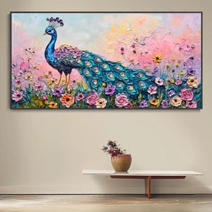 3D Teal Peacock Textured Wall Painting Vibrant Canvas Animal Painting Large Size Contemporary Bird Canvas Wall Painting Modern Living Room