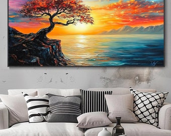 Orange Tree Oil Painting Large Wall Art 3D Textured Canvas Modern Home Decor Hand-Painted Abstract Artwork Autumn Tree Painting