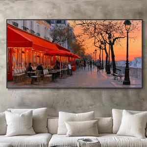 Óleo atardecer París cafetería paisaje urbano Europa bistró francés vintage decoración salón lienzo original horizontal estilo impresionista
