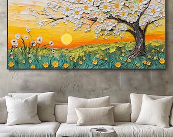 3D Hand Sunset Texture Landscape Wall Murals White Flowers Plant Tree Decor Oil Painting Large Wildflowers Meadow Living Room Decor Painting