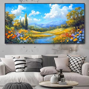 Primavera floral Paisaje Impresionista Flores de montaña Murales en lienzo Textura gruesa Pintura con espátula Decoración hogareña rural