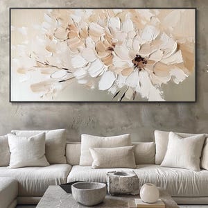 Beige White Textured Wall Art Floral Abstract Oil Painting On Canvas Minimalist Soft Palette Knife Wall Art Large Modern Neutral Home Deocr