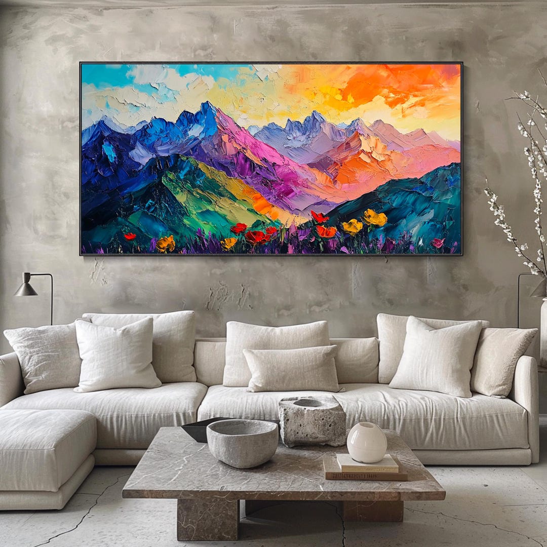 3D Textured Framed Plaster Style Wall Art Mountain Painting on Canvas ...