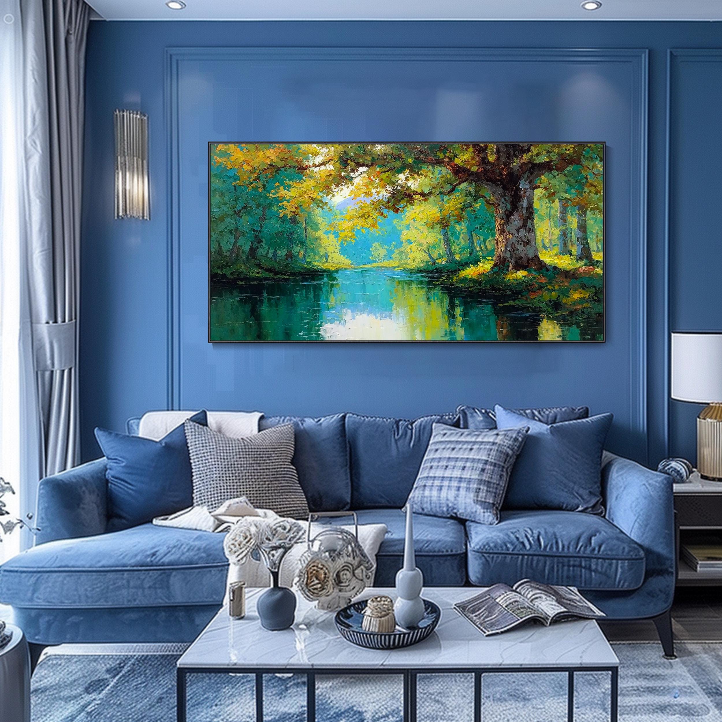 Vibrant Forest Oil Painting 3D Texture River Trees Mural Impressionist ...