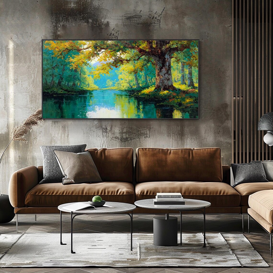 Vibrant Forest Oil Painting 3D Texture River Trees Mural Impressionist ...