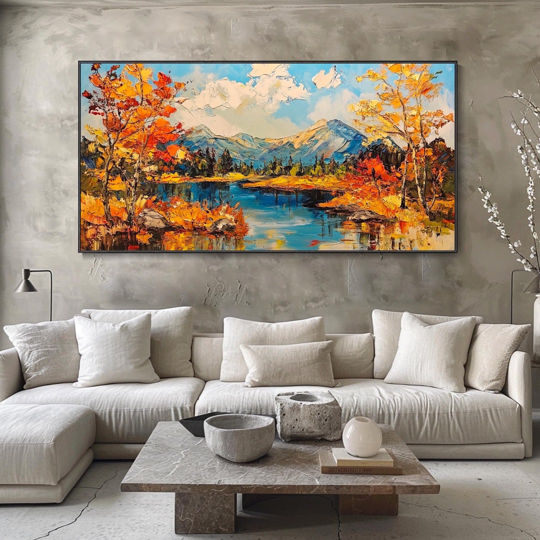 Abstract Mountain Painting 3D Textured Wall Art on Canvas Orange Forest ...