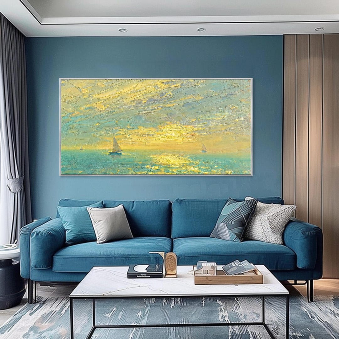 Sunset Ocean Painting on Canvas 3D Textured Seascape Wall Art Sailboat ...