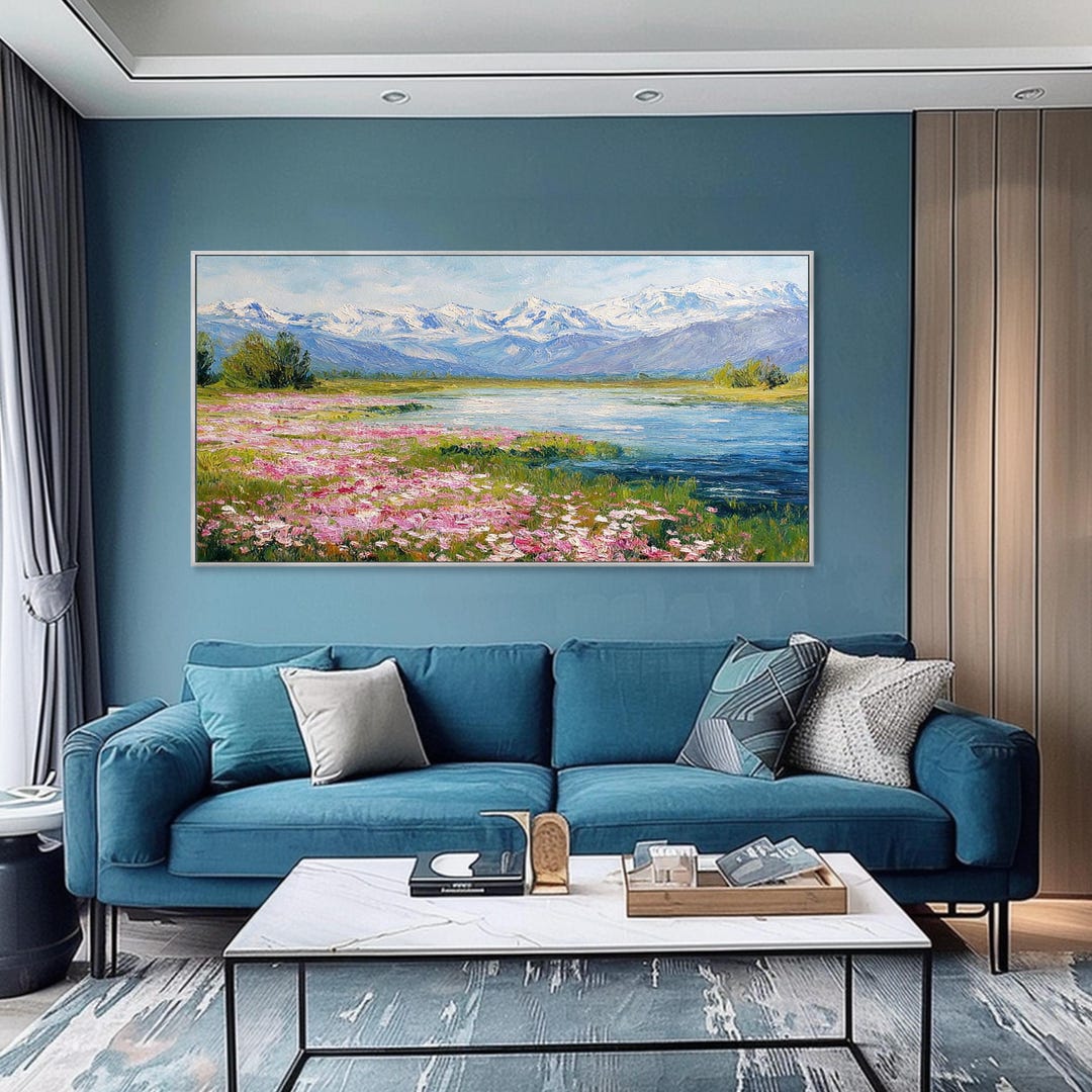 Pink Wildflowers River Texture Wall Art Canvas Snowy Mountain River ...