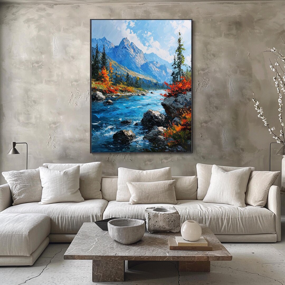 Mountain River Landscape Textured Wall Art Canvas Hand Painted Snow ...