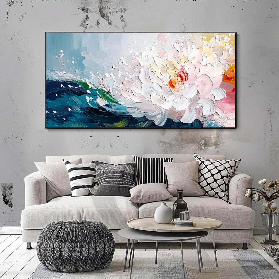 White Flower Oil Painting on Canvas 3D Textured Floral Wall Art Neutral ...