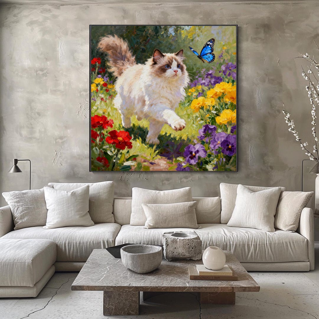 Cat Butterfly Garden Painting on Canvas 3D Colourful Floral Texture ...