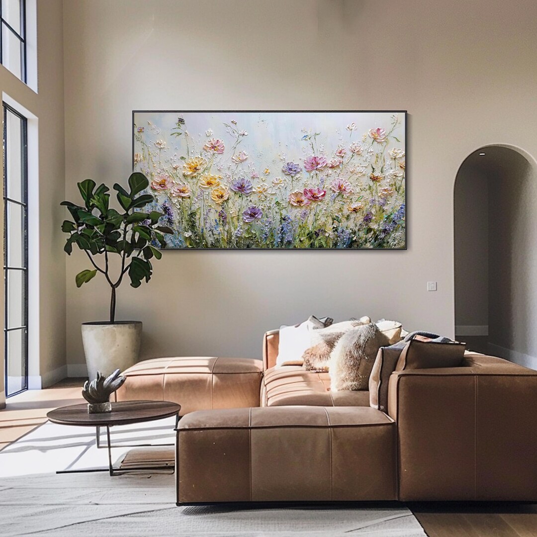 3D Floral Oil Painting on Canvas Textured Wildflower Field Wall Art ...