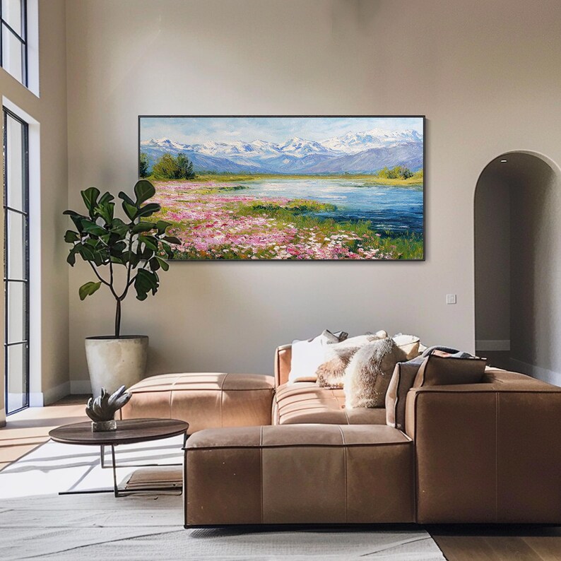 Pink Wildflowers River Texture Wall Art Canvas Snowy Mountain River ...