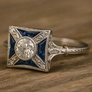 Old European Cut Diamond Ring Victorian Inspired Gift for Mom Proposal Ring Vintage Edwardian Engagement Ring  Art Deco Sapphire Ring