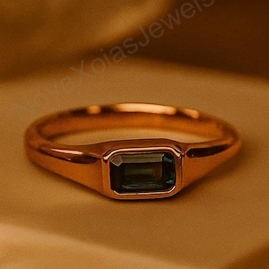 Teal Sapphire Gold Ring, 14K Yellow Gold Emerald Cut Engagement Ring, Bezel Set Ring, Promise Gold Bridal Ring, Handmade Ring, Gift For Her
